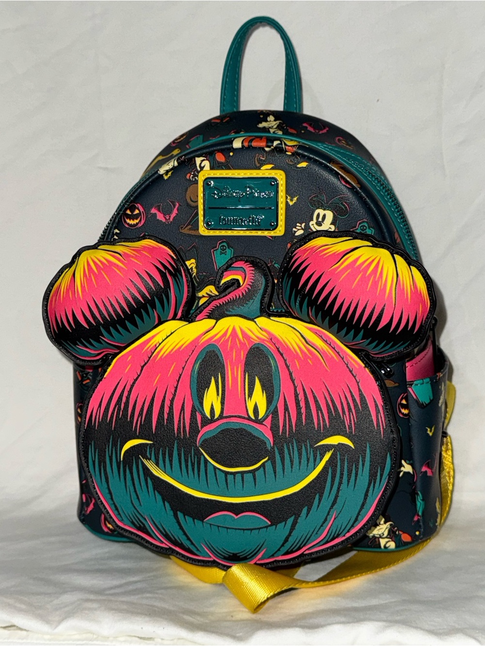 Loungefly Neon Pumpkin Mickey Backpack in Pink, Teal & Yellow